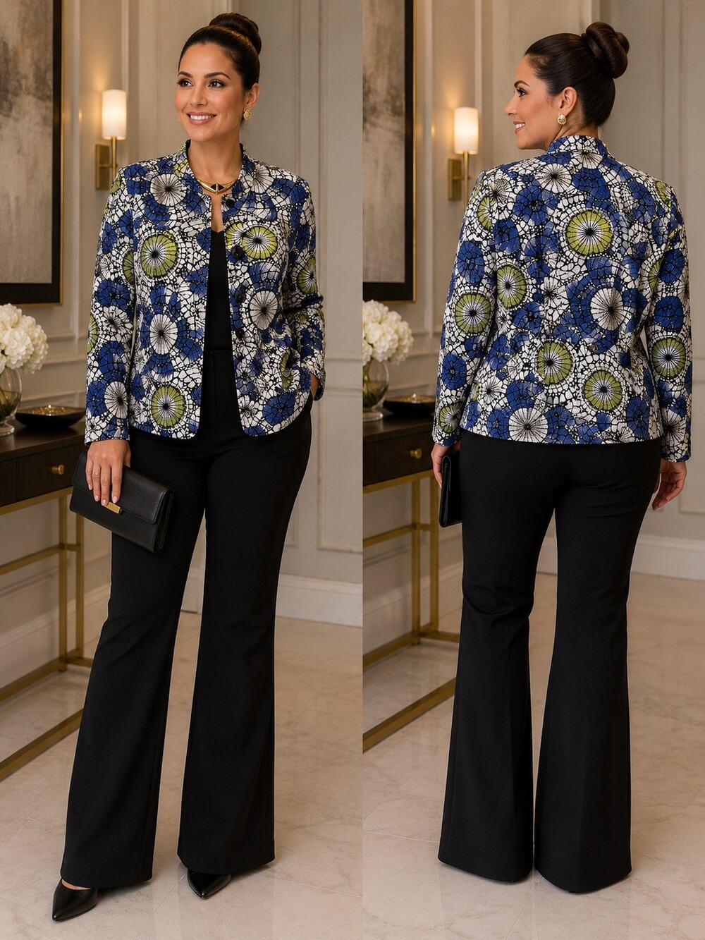 Joni B. Textured Floral Print Jacket XL Blue Black Lime Lightweight Blazer